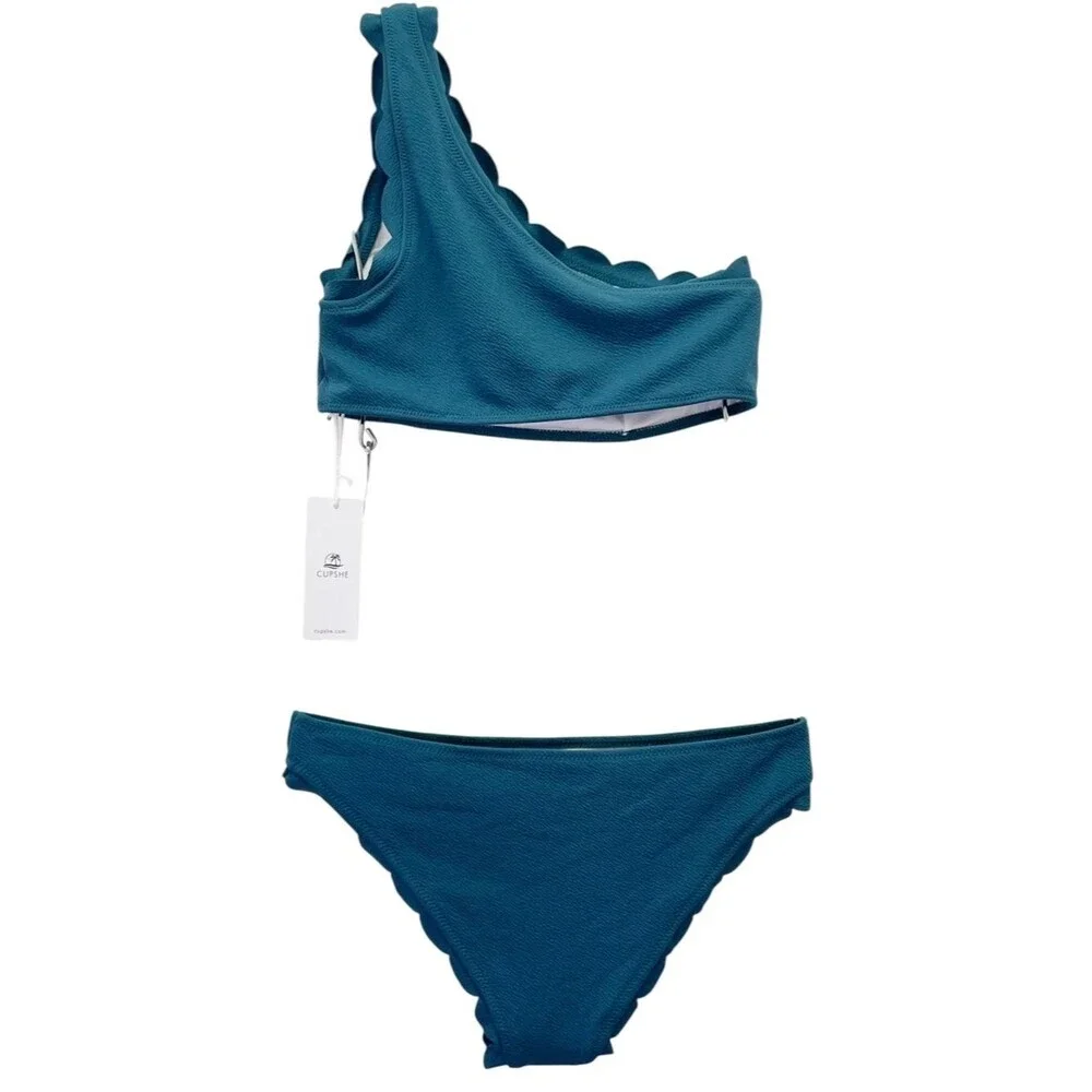 NWT Cupshe Bikini Set M Teal One Shoulder Scallop Edge Textured 2 Piece Swimsuit
